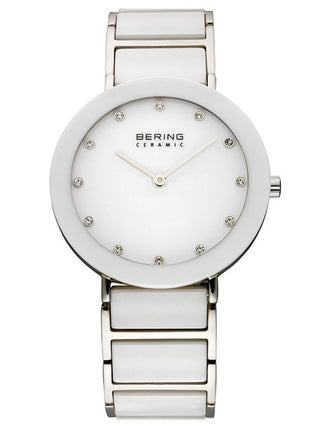 Front view of Bering 11435-754 White Dial Silver Stainless Steel Womens Watch on white background