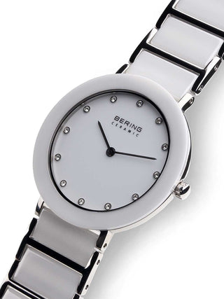 Angle shot of Bering 11435-754 White Dial Silver Stainless Steel Womens Watch on white background