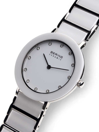 Angle shot of Bering 11435-754 White Dial Silver Strap Womens Watch on white background