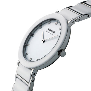 Angle shot of Bering 11435-754 White Dial Silver Stainless Steel Womens Watch on white background