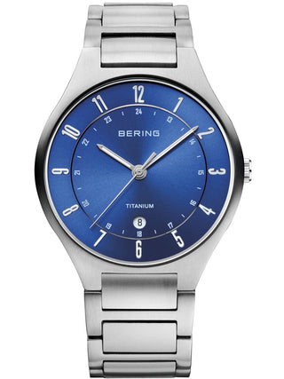 Front view of Bering 11739-707 Blue Dial Silver Titanium Unisex Watch on white background