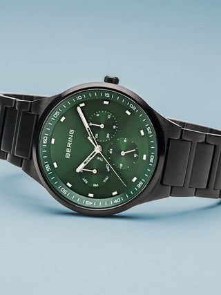 Angle shot of Bering 11740-728 Green Dial Black Stainless Steel Unisex Watch on white background