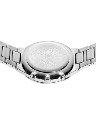 Angle shot of Bering Chronograph 11743-704 White Dial Silver Titanium Unisex Watch on white background