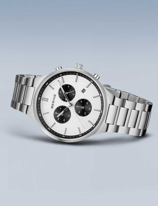 Angle shot of Bering Chronograph 11743-704 White Dial Silver Titanium Unisex Watch on white background