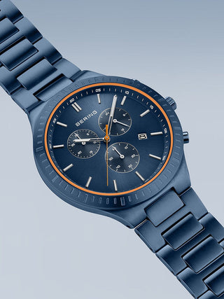 Angle shot of Bering Chronograph 11743-797 Blue Titanium Unisex Watch on white background