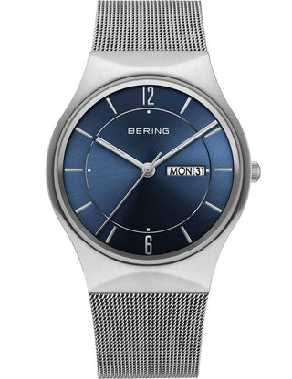 Front view of Bering 11938-003DD Blue Dial Silver Stainless Steel Unisex Watch on white background