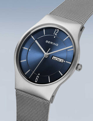 Angle shot of Bering 11938-003DD Blue Dial Silver Stainless Steel Unisex Watch on white background