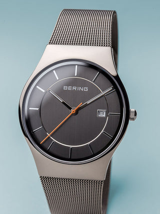 Angle shot of Bering 11938-007 Grey Dial Silver Stainless Steel Unisex Watch on white background