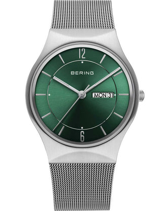 Front view of Bering 11938-008DD Green Dial Silver Stainless Steel Unisex Watch on white background