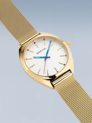 Angle shot of Bering 127220-36-334 White Dial Gold Stainless Steel Womens Watch on white background