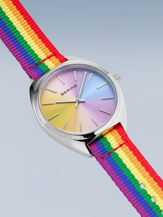 Angle shot of Bering 127220-36-334 White Dial Gold Stainless Steel Womens Watch on white background