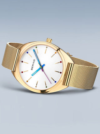Angle shot of Bering 127220-36-334 White Dial Gold Stainless Steel Womens Watch on white background