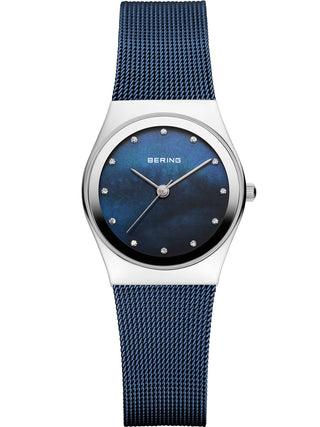 Angle shot of Bering 12927-307-GWP Blue Stainless Steel Womens Watch on white background