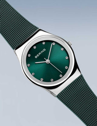 Angle shot of Bering 12927-808 Green Stainless Steel Womens Watch on white background