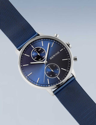 Angle shot of Bering 13242-307 Blue Stainless Steel Unisex Watch on white background