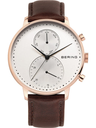 Front view of Bering 13242-564 Silver Dial Brown Leather Unisex Watch on white background