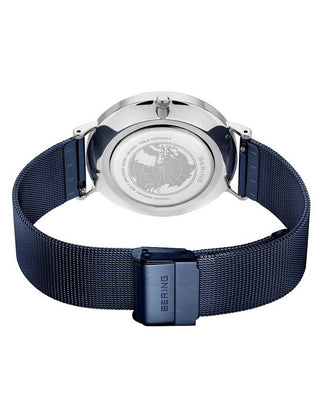 Angle shot of Bering 14040-307 Blue Stainless Steel Unisex Watch on white background