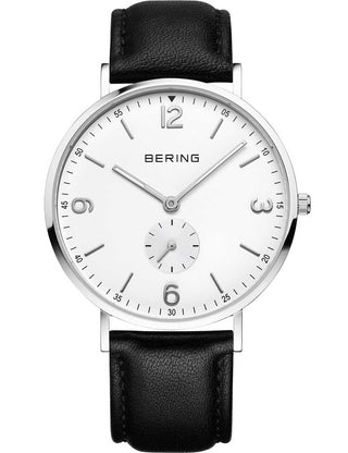 Front view of Bering 14040-404 White Dial Black Leather Unisex Watch on white background