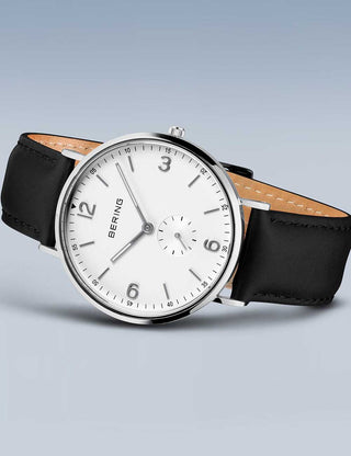 Angle shot of Bering 14040-404 White Dial Black Leather Unisex Watch on white background