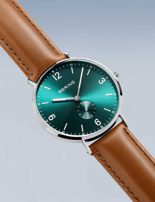 Angle shot of Bering 14040-508 Green Dial Brown Leather Unisex Watch on white background