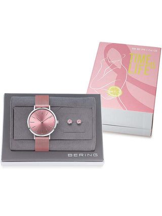 Angle shot of Bering 14134-999-GWP Pink Stainless Steel Womens Watch on white background