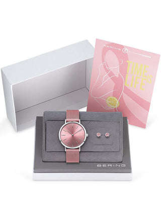 Angle shot of Bering 14134-999-GWP Pink Stainless Steel Womens Watch on white background