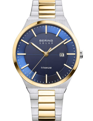 Front view of Bering 14439-717 Blue Dial Gold Titanium Unisex Watch on white background