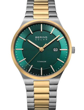 Front view of Bering 14439-718 Green Dial Gold Titanium Unisex Watch on white background