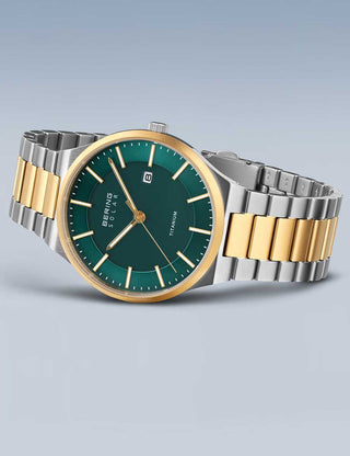 Angle shot of Bering 14439-718 Green Dial Gold Titanium Unisex Watch on white background