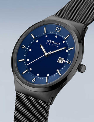 Angle shot of Bering 14442-227 Blue Dial Black Stainless Steel Unisex Watch on white background