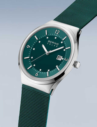 Angle shot of Bering 14442-808 Green Stainless Steel Unisex Watch on white background