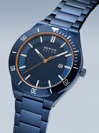 Angle shot of Bering 14443-797 Blue Stainless Steel Unisex Watch on white background