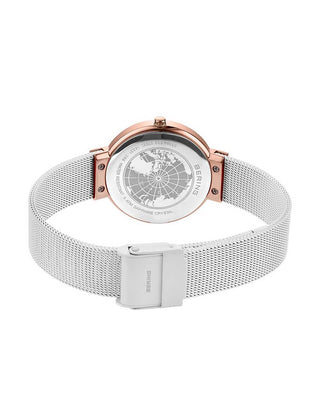 Angle shot of Bering 14531-266 Rose Gold Dial White Stainless Steel Womens Watch on white background