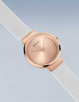 Angle shot of Bering 14531-266 Rose Gold Dial White Stainless Steel Womens Watch on white background