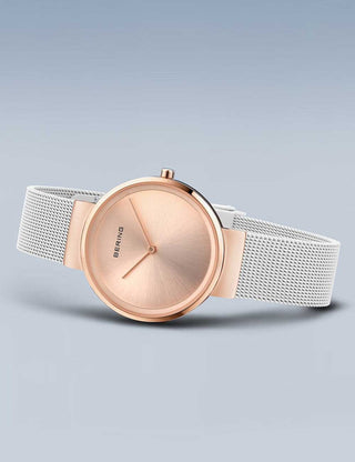 Angle shot of Bering 14531-266 Rose Gold Dial White Stainless Steel Womens Watch on white background