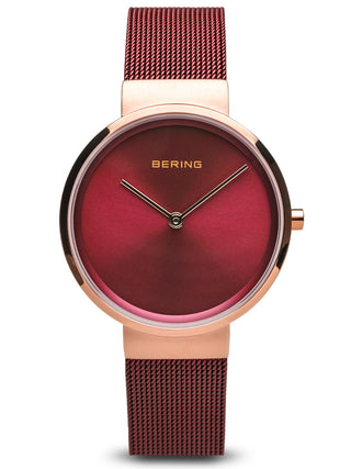 Angle shot of Bering 14531-363 Red Dial Stainless Steel Womens Watch on white background