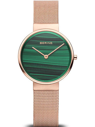 Angle shot of Bering 14531-368 Green Dial Rose Gold Stainless Steel Womens Watch on white background