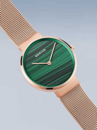 Angle shot of Bering 14531-368 Green Dial Rose Gold Stainless Steel Womens Watch on white background