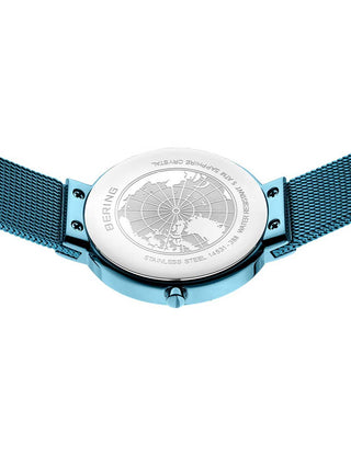 Angle shot of Bering 14531-388 Blue Stainless Steel Womens Watch on white background