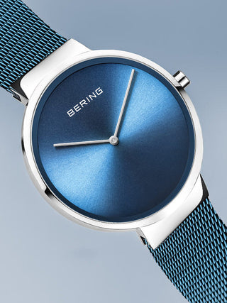 Angle shot of Bering 14539-308 Blue Stainless Steel Unisex Watch on white background