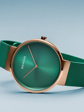 Angle shot of Bering 14539-868 Green Dial Rose Gold Stainless Steel Unisex Watch on white background