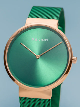 Angle shot of Bering 14539-868 Green Dial Rose Gold Stainless Steel Unisex Watch on white background