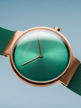 Angle shot of Bering 14539-868 Green Dial Rose Gold Stainless Steel Unisex Watch on white background