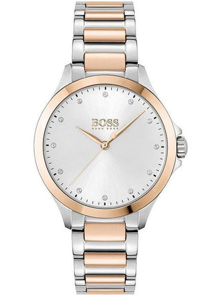 Front view of Hugo Boss 1502577 Silver Dial Rose Gold Stainless Steel Womens Watch on white background