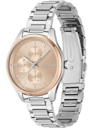 Angle shot of Hugo Boss 1502604 Rose Gold Dial Silver Stainless Steel Womens Watch on white background