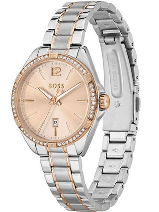 Angle shot of Hugo Boss 1502622 Rose Gold Stainless Steel Womens Watch on white background