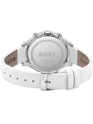 Angle shot of Hugo Boss 1502629 Green Dial White Leather Womens Watch on white background