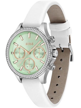 Angle shot of Hugo Boss 1502629 Green Dial White Leather Womens Watch on white background