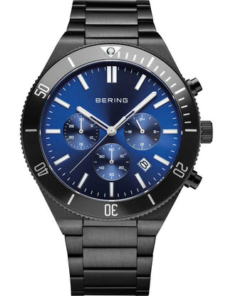 Front view of Bering Chronograph 15043-727 Blue Dial Black Stainless Steel Unisex Watch on white background