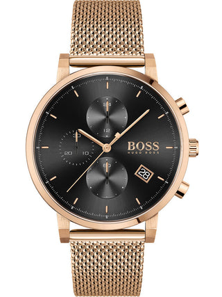 Front view of Hugo Boss Chronograph 1513808 Black Dial Rose Gold Stainless Steel Unisex Watch on white background